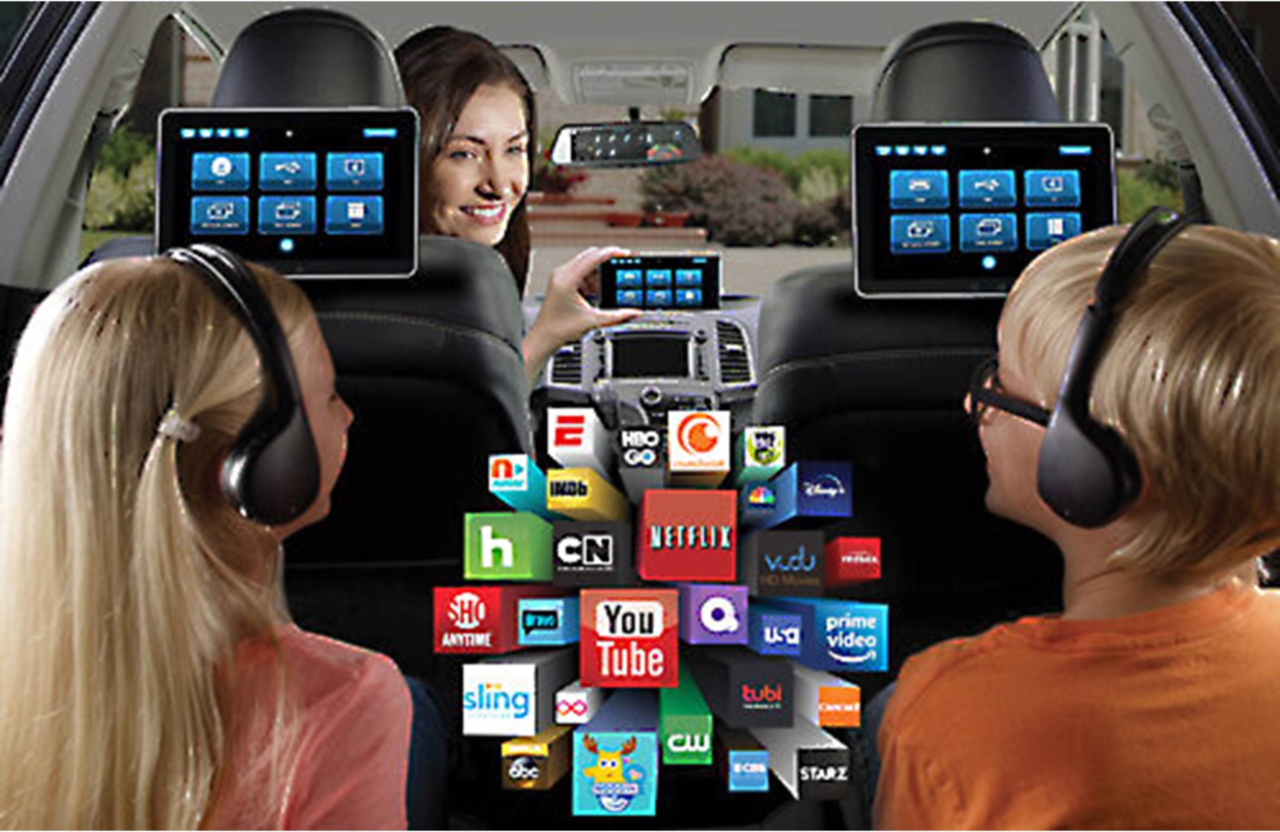 multimedia screens attached the back of car headrests